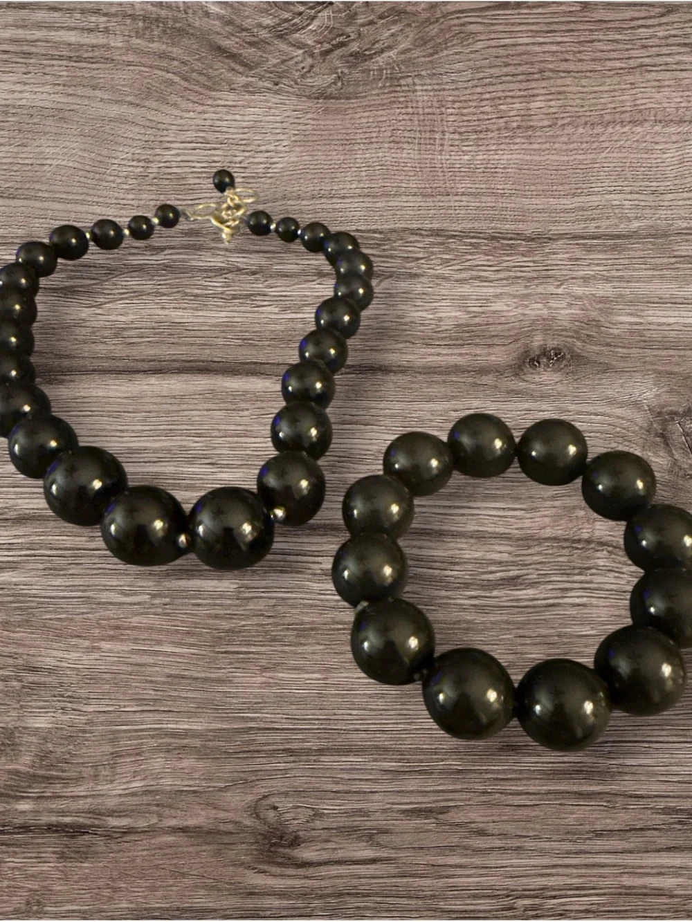 Vintage Monet Black Bead Necklace & Bracelet Set | Graduated Beads